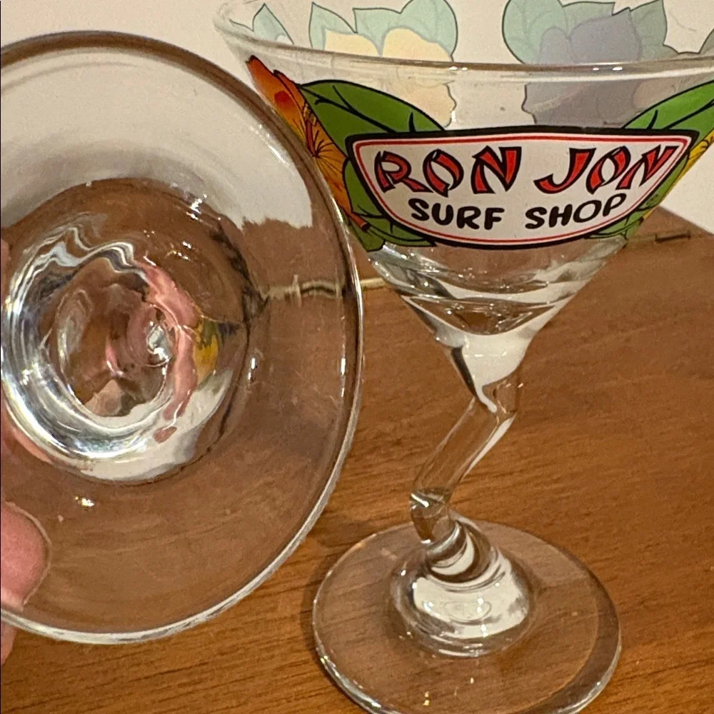 Y2K Era Ron Jon Surf Shop Retro Bent Stem Martini Glass 2 Matching Hibiscus Cute